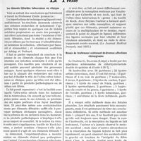 2918 - Page 2529 - Partie Scientifique. L’actualité scientifique. La Presse. Les éléments filtrables tuberculeux en clinique [(Le Journal Médical Français, mai 1935)] / Essais de traitement sclérosant de diverses affections chirurgicales [(Bruxelles-Médical, 2 juin 1935)]