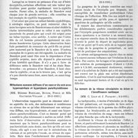 2921 - Page 2532 - Partie Scientifique. L’actualité scientifique. Les Sociétés Savantes. Paris. Société médicale des hôpitaux de Paris. Importance de la maladie de Basedow pour le dépistage des syphilis familiales, (29-3-1935) / Métastases osseuses diffuses d’un cancer du sein avec hypercalcémie et hyperplasie parathyroïdienne, (29-3-1935) / Trois cas d’érysipèle gangreneux. Étude clinique et bactériologique, (22-2-1935) / La mesure de la vitesse circulatoire en dehors de l’insuffisance cardiaque, (8-3-1935)
