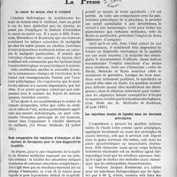 3046 - Page 2639 - Partie scientifique. L'actualité scientifique. La presse. Le cancer du larynx chez le vieillard [(La Presse Médicale, 24 juillet 1935)] / Étude comparative des réactions d’hémolyse et des réactions de floculation pour le séro-diagnostic de la syphilis [(Gaz. Hebd. des Sc. Médicales de Bordeaux, 23 juin 1935)] / Les injections locales de lipiodol dans les douleurs articulaires [(L'expansion scientifique Française)]