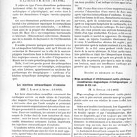 3049 - Page 2642 - Partie scientifique. L'actualité scientifique. Les sociétés savantes. Paris. Société médicale des hôpitaux de Paris. L’acro-rhumatisme chronique parkinsonien. (Contribution à l’étude des rhumatismes d’origine vasculo-sympathique), 12-4-1935 / Les injections intracardiaques d’ouabaïne, 3-5-1935 / Société de médecine de Paris. Méga-œsophage et rétrécissement cardio-phrénique ; considérations diagnostiques et thérapeutiques ; à propos de dix cas, 12-4-1935