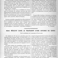 3109 - Page 2698 - Partie scientifique. Travaux originaux. Les examens de laboratoire. La ponction sous-occipitale ne semble pas devoir détrôner dans l’avenir la ponction lombaire, d’après les travaux de MM. G. Guillain, P. Mollaret et Cathala ainsi que ceux de M. Clément Simon. La ponction lombaire reste la méthode classique, à la portée du praticien [G. Fischer] / Beau résultat dans le traitement d’une entorse du genou par la méthode de Leriche et Fontaine [Dr H. Berger]