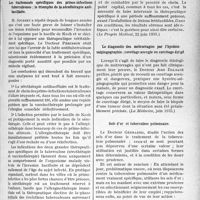 3110 - Page 2699 - Partie scientifique. L’actualité scientifique. La presse. Les traitements spécifiques des primo-infections tuberculeuses ; le triomphe de la sérothérapie antibacillaire [(Le Progrès Médical, 22 juin 1935)] / Le diagnostic des métrorragies par l’hystérosalpingographie ; curettage aveugle ou curettage dirigé [(La Médecine, juin 1935)] / Sels d’or et tuberculose pulmonaire [(Bruxelles-Médical, 30 juin 1935)]