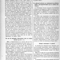 3253 - Page 2830 - Partie scientifique. L'actualité scientifique. La presse. Danger des réactions histologiques suscitées par le carbone intraveineux [(Gaz. hebd. des Sc. méd. de Bordeaux, 14 juillet 1935)] / Un cas de méningite tuberculeuse chez un enfant, vacciné au B. C. G [(Gazette des Hôpitaux, 10 juillet 1935)] / Un adjuvant précieux au traitement des péritonites aiguës poste-appendiculaires par le carbone intraveineux [(Journ. de Méd. de Bordeaux, 20 juin 1935)] / Ectopie testiculaire et puberté [(La Presse Thermale et Climatique, 1er juillet 1935)]