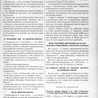 3256 - Page 2833 - Partie scientifique. L'actualité scientifique. Les sociétés savantes. Paris. Société médico-chirurgicale des hôpitaux libres, 3 mai 1935. Résultats de 675 inoculations au cobaye pour le diagnostic de la tuberculose urinaire / La décapsulation dans les glomérulo-néphrites / Sur les glomérulo-néphrites / Essais d’hydrologie expérimentale sur les eaux minérales d’Annam Melane, source d’Ain-el-Arroussa / Les tendances actuelles du traitement opératoire du décollement rétinien / Société de dermatologie. Psoriasis guttata blanchi à la suite d’injections d’extrait, glycériné et filtré sur bougie, de squasmes, 11 juillet 1935