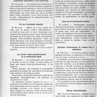 3257 - Page 2834 - Partie scientifique. L'actualité scientifique. Les sociétés savantes. Lille. Société médicale et anatomo-clinique, Séance du mardi 7 mai 1935. Forme lente et progressivement ascendante des polynévrites infectieuses à virus neurotrope / Un cas d’acrodynie infantile / Les formes bulbo-protubérantielles de la poliomyélite aiguë / Variations du taux de la vitamine C dans les organes, au cours du scorbut expérimental / Deux cas de méningocèle occipitale / Injections intraveineuses de charbon dans les septicémies / Hernie transmésocolique