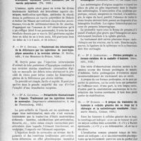 3339 - Page 2910 - Partie scientifique. L’actualité scientifique. Les thèses. Traitement des brucelloses humaines (fièvre ondulante) par un vaccin polyvalent, par Dr Maurice Carrière (Th. 1935) / Traitement des hémorragies de la délivrance par les injections de poste-hypophyse associées à la révision utérine, par Dr J. Deyris (S. Muller, édit. 1935) / Périarthrite rhumatismale de l’épaule. Traitement par les injections locales de novocaïne, par Dr A. Courtial (Imprimerie administrative, 1935) / Sur un cas de métrorragie hématogène, par Dr M. Stein (Rodstein, édit, 1935) / Formes prolongées ou formes curables de la maladie d’Addison, par Dr J. Lebranchu (Jouve, édit, 1935) / A propos du traitement dés tumeurs à cellules géantes des os longs par la chirurgie et la radiothérapie combinées, par Dr Dubois (Imprimerie Alsatia, Colmar, 1935)