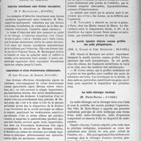 3394 - Page 2961 - Partie scientifique. L'actualité scientifique. Les Sociétés savantes. Paris. Société de chirurgie. Infarctus intestinaux sans lésions vasculaires, 26-6-1935 / Laparotomie et crises douloureuses abdominales, 26-6-1935 / Algies paludéennes simulant l’appendicite aiguë, 26-6-1935 / La moelle épinière utilisée comme greffon des nerfs périphériques, 26-6-1935 / La radio-chirurgie viscérale, 3-7-1935