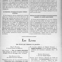 3396 - Page 2963 - Partie scientifique. L'actualité scientifique. Les Sociétés savantes. Paris. Société des chirurgiens de Paris, Séance du 21 juin 1935. Étude sur un procédé de rénovation épidermique / La restauration chirurgicale des graves brûlures de la face / Plaies œsophagienne et trachéale par os de poulet. Phlegmon périœsophagien. Guérison / Fibrome musculaire développé au niveau des insertions scapulaires du muscle grand dentelé / Les livres. Les livres qui viennent de paraître...