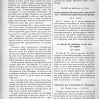 3543 - Page 3098 - Partie scientifique. L’Actualité scientifique. Les sociétés Savantes. Paris. Société médicale des hôpitaux de Paris. Sur une forme presque latente d’infarctus du myocarde, (21-6-1935) / Société de médecine de Paris. Gomme syphilitique du thorax ayant simulé un abcès froid. Guérison radicale par le traitement spécifique, (25-5- 1935) / La chirurgie du cholédoque en deux temps. Sa bénignité, (25-5-1935) / L’électrolyse dans le traitement des rétrécissements, (10-5-1935)