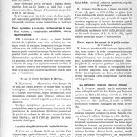 3545 - Page 3100 - Partie scientifique. L’Actualité scientifique. Les sociétés Savantes. Lille. Société médicale et anatomo-clinique, Séance du 4 juin 1935. A propos de 60 cas de maladie de Basedow, traités par les agents physiques / Fièvre typhoïdes à rechutes ; traitement par le sang d’un vacciné ; complication médullaire, terrain adiposo-génital / Un cas de chorée fibrillaire de Morvan / Luxation complète interne du scaphoide tarsien / Toulouse. Société de médecine, chirurgie et pharmacie. Spina bifida cervical, guérison opératoire, séquelles dix ans après / Divers aspects des niches de la petite courbure de l’estomac / La septicémie veineuse subaiguë médicale