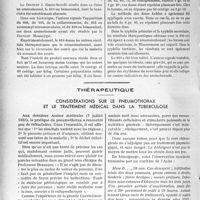 3547 - Page 3102 - Partie scientifique. L’Actualité scientifique. Les Thèses. Les splénomégalies familiales, par Dr G. Bréhier, 1935 / Étude d’un arsénobenzol actif et de très faible toxicité, par Dr Jeanne Ruais-Savelli, 1935 / Thérapeutique. Considérations sur le pneumothorax et le traitement médical dans la tuberculose