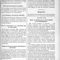 3698 - Page 3225 - Partie scientifique. L’Actualité scientifique. Les Sociétés Savantes. Paris. Société de médecine militaire Française, Séance du 11 juillet 1935. A propos d’un cas de mycose de l’amygdale / Fracture du col chirurgical de l’omoplate / Un cas de méningite à micrococcus catarrhalis / Intérêt de la cuti-réaction à la tuberculine chez les jeunes soldats / Remarques sur cent cas de pleurésie séro-fébrineuse tuberculeuse / Un cas d’intoxication volontaire par la quinine / Eosinophilie importante au cours de l’évolution d’un épithéliome glandulaire métastatique / Montpellier. Société des sciences médicales et biologiques de Montpellier et du Languedoc méditerranéen, (19 juillet 1935). Essais de traitement de la fièvre typhoïde par le novarsénobenzol