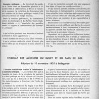4090 - Page 3565 - Partie professionnelle. Chronique Syndicale. Syndicat des médecins de l'Indre / Syndicat des médecins du Bugey et du pays de Gex. Réunion du 10 novembre 1935 à Bellegarde