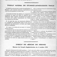 4091 - Page 3566 - Partie professionnelle. Chronique Syndicale. Syndicat des médecins du Bugey et du pays de Gex. Réunion du 10 novembre 1935 à Bellegarde / Syndicat national des oto-rhino-laryngologistes Français / Syndicat des médecins des Ardennes. Réunion du Conseil d’administration du 4 octobre 1935
