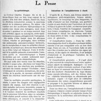 4146 - Page 3607 - Partie scientifique. L'actualité scientifique. La Presse. La pyrétothérapie [(La Médecine, octobre 1935)] / Indications de l’amygdalectomie à chaud [(La Presse Médicale, 6 novembre 1935)]