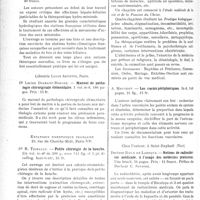 4161 - Page 3616 - Partie scientifique. L'actualité scientifique. Les Livres. La pratique psychiatrique dans l’armée, par Fribourg-Blanc, Charles Lavauzelle et Cie, éditeurs, Paris / Thérapeutique hydro-climatologique des maladies du foie et des voies biliaires, par Professeur Paul Carnot, Masson et Cie, éditeurs / Manuel de pathologie chirurgicale élémentaire, par Dr Lucien Diamant-Berger, Librairie Louis Arnette, Paris / Petite chirurgie de la bouche, par Dr R. Thibault, Expansion scientifique Française, Paris-VIe / Précis de médecine catholique, par Dr Henri Bon, Expansion scientifique Française, Paris-VIe / Les Cœurs périphériques, par A. Mougeot, Expansion scientifique Française, Paris-VIe / Notions de radiesthésie médicale, à l’usage des médecins praticiens, par Docteur Roux de Laroque, Chez l'auteur, à Saint-Raphaël (Var)