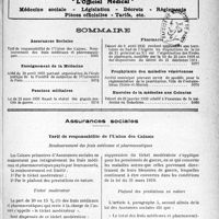 4366 - Page 5065 - Supplément documentaire, " L Officiel Médical ". Médecine sociale - Législation - Décrets - Règlements - Pièces officielles - Tarifs, etc / Sommaire / Assurances sociales. Tarif de responsabilité de l’Union des Caisses. Remboursement des frais médicaux et pharmaceutiques