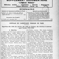 4386 - Page 5081 - Supplément documentaire, " L’Officiel Médical ". Médecine sociale - Législation - Décrets - Règlements - Pièces officielles - Tarifs, etc. / Sommaire / Hôpitaux de l'assistance publique de Paris. Répartition des chefs de service, des chefs de clinique, des internes et externes pour l’année 1935-1936. Hôtel-Dieu