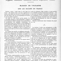 0164 - Page 163 - Partie professionnelle, Hygiène, Assistance, Mutualité, Intérêts corporatifs, Variétés. Bulletin de l’Actualité. Une loi raciste en France