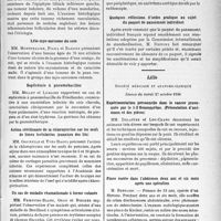 0224 - Page 223 - Partie scientifique. L'actualité Scientifique. Les Sociétés Savantes. Paris. Société de médecine militaire Française, Séance du 15 octobre 1936. Sur une lésion inflammatoire folliculaire siégeant électivement sur la paroi des vaisseaux / Léïo-myo-sarcome du sein / Septicémie à pneumobacilles / Action stérilisante de la chloropicrine sur les oeufs de limex lectularius (punaises des lits) / Un cas de maladie rhumatismale à forme cutanée / A propos d’un cas de syphilis ancienne méconnue à manifestations tertiaires tardives graves / Quelques réflexions d’ordre pratique au sujet du paquet de pansement individuel / Lille. Société médicale et anatomo-clinique, Séance du mardi27 octobre1936. Expérimentation personnelle dans le cancer provoquée par le 1-2 Benzopyrène. (Présentation d’animaux et des pièces) / Pince restée dans l’abdomen deux ans et six mois après une opération