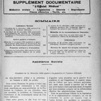 0318 - Page 317 - Supplément documentaire, «L’Officiel Médical ». Médecine sociale – Législation – Décrets – Règlements – Pièces officielles – Tarifs etc. / Sommaire / Assistance Sociale. Circulaire du 11 Décembre1936 relative à la protection de l’enfance déficiente