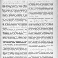 0360 - Page 359 - Partie scientifique. L'actualité Scientifique. La Presse. La cuti-réaction à la tuberculine chez l’adulte [(Le Progrès Médical, 10 octobre 1936)] / L’anatoxine tétanique et la prophylaxie du tétanos chez l’homme et chez les animaux domestiques [(La Presse Médicale 17 octobre 1936)] / Sur les effets de l’alcool octylique primaire au cours des syndromes hémorragiques [(La Presse Médicale, 28 octobre 1936)] / Les traitements actuels du syndrome addisonien [en combinaison avec l’injection d’hormone cortico-surrénale ou avec l’injection de cystéine. L’alimentation sera riche en graisses, en vitamines en substances calorigènes. Le malade sera mis au repos] [(Le Bulletin Médical, 31 octobre 1936)]