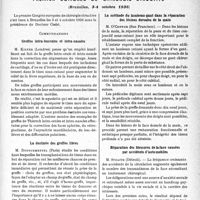 0364 - Page 363 - Partie scientifique. L'actualité Scientifique. Les Congrès. Premier congrès de chirurgie structive, (Bruxelles, 3-4 octobre 1936). Greffes intra-buccales et intra-nasales, M. Kilner / La destinée des greffes libres, M. Dufourmentel / La méthode du lambeau-gant dans la réparation des lésions dorsales de la main, M. O’Connor / Réparation des blessures de la face causées par accidents d’automobiles, M. Straith