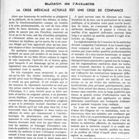 0494 - Page 495 - Partie professionnelle, Hygiène, Assistance, Mutualité, Intérêts corporatifs, Variétés. Bulletin de l’Actualité. La crise médicale actuelle est une crise de confiance