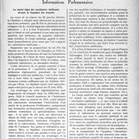 0498 - Page 499 - Partie professionnelle, Hygiène, Assistance, Mutualité, Intérêts corporatifs, Variétés. L'actualité professionnelle. Informations Parlementaires. Le statut légal des auxiliaires médicaux devant la Chambre des députés