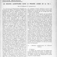 0538 - Page 539 - Partie -scientifique. Travaux originaux. Les besoins alimentaires dans la première année de la vie, par le Professeur P. Lereboullet. Besoins alimentaires de l'enfant normal