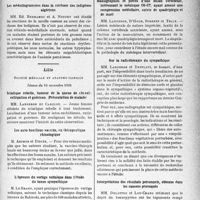0560 - Page 561 - Partie -scientifique. L'actualité scientifique. Les Sociétés Savantes. Alger. Société de médecine. La ponction sternale dans le kala-azar / Les médullogrammes dans la cirrhose des indigènes algériens / Lille. Société médicale et anatomo-clinique, Séance du 10 novembre 1936. Sciatique rebelle, tumeur de la queue de cheval ; extirpation et guérison. (Présentation de malade) / Les auto-bouillons-vaccins, en thérapeutique rhinologique / L’épreuve du vertige voltaïque dans l’étude du tonus sympathique / Radiographies et pièces d’une lésion vertébrale, intéressant le ménisque C6-C7, ayant amené une compression médullaire, suivie de quadriplégie et de mort / Sur la radiothérapie du sympathique / Interprétation des résultats personnels, obtenus dans les cancers provoqués