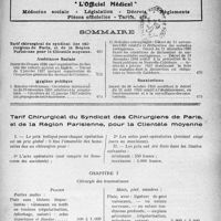 0664 - Page 665 - Supplément documentaire, “L’officiel médical”. Médecins sociale - Législation - Décrets. Règlements - Pièces officielles - Tarifs, etc. / Sommaire / Tarif Chirurgical du Syndicat des Chirurgiens de Paris, et de la Région Parisienne, pour la Clientèle moyenne. Chirurgie des traumatismes