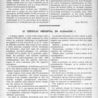 0869 - Page 868 - Partie professionnelle, Hygiène, Assistance, Mutualité, Intérêts corporatifs, Variétés. Assurances sociales (suite). L’hospitalisation des assurés dans les établissements publics et les honoraires médicaux. Assurés indigents. Honoraires médicaux / Le certificat prénuptial en Allemagne
