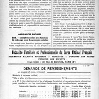 0885 - Page 884-XLII - Correspondance. Accidents. La synovite crépitante des tendons est-elle un accident du travail ? / Assurances sociales. Immatriculation des femmes de ménage aux Assurances sociales