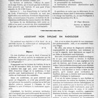 0997 - Page 996 - Partie professionnelle. Bulletin de l’Actualité. Le Secret professionnel dans la déclaration des Décès. Texte de la circulaire du 1er janvier 1937 relative à la déclaration des causes de décès / Assistant non diplômé en radiologie