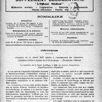 1020 - Page 1019 - Supplément documentaire, "L'Officiel Médical ”. Médecine sociale - Législation - Décrets — Règlements — Pièces officielles - Tarifs, etc / Sommaire / Infirmières. Circulaire du 11 février 1937 relative à l'enseignement des infirmières, (Diplômes d'État et diplôme de la Croix-Rouge. Exemptions d'études)