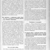1072 - Page 1071 - Partie scientifique. L’actualité scientifique. Les Sociétés Savantes. Paris. Société des chirurgiens de Paris, Séance du 5 février 1937. L’infiltration analgésique des ganglions sympathiques, en particulier du ganglion étoile et du deuxième ganglion lombaire (étude de 98 cas) / Deux septicémies à staphylocoque guéries depuis 4 et 5 ans. Le processus de la guérison naturelle et son utilisation thérapeutique / Un cas de pierre utérine / Société d’oto-rhino-laryngologie de Paris, Séance du 26 février 1937. Phréno-cardiospasme et cardiotomie / Traumatisme et otospongiose / Un diagnostic délicat : tuméfaction rénitente rétromastoïdienne chez un enfant de 2 ans 1 /2 pouvant faire penser à une mastoïdite extériorisée. Maladie de Schuller Christian
