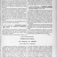 1276 - Page 1275 - Partie scientifique. L'actualité scientifique. Les thèses. L'alcoolisation du nerf phrénique dans le traitement de la tuberculose pulmonaire, par Dr R. Fermaud (Thèse 1, 9. 36-. } / Malformations congénitales associées au syndrome de Klippel-Feil, par Dr J. Ialladeau (Thèse 1936) / Le diagnostic biologique précoce de la grossesse et le dosage du prolan dans la pratique médicale, Dr G. de Maulde (Thèse 1937) / Thérapeutique. Les bromures en pédiatrie