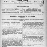 1318 - Page III - Supplément documentaire, " L'Officiel Médical ". Médecine sociale - Législation - Décrets — Pièces officielles - Tarifs, etc / Sommaire / Hôpitaux, Hospices et Cliniques. Décret du 22 mars 1937 portant application de la semaine de quarante heures dans des hôpitaux, hospices, cliniques, etc