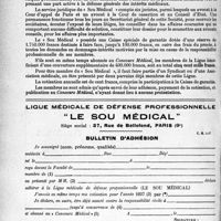 1393 - Page 1390-XLVI - La défense professionnelle du médecin par le Sou Médical / Ligue médicale de défense professionnelle “Le Sou Médical”. Bulletin d’adhésion