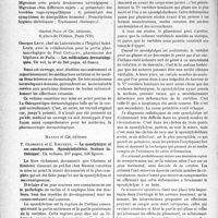 1501 - Page 1494 - Partie scientifique. L'actualité scientifique. Les Livres. Traitement des migraines, par Pasteur Valléry-Radot, J. -B. Baillière et Fils, éditeurs, Paris (VIe) 1937 / Les médications dermatologiques, par Georges Lévy, Gaston Doin et Cie, éditeurs, Paris (VIe) / La spondylolyse et ses conséquences. (Spondylolisthésis. Scoliose listhésique), par P. Glorieux et C Roederer, Masson et Cie, éditeurs