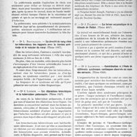 1503 - Page 1496 - Partie scientifique. Les thèses. Anesthésie péridurale segmentaire dans les thoracoplasties pour tuberculose pulmonaire, par Dr J. Bécuwe (Thèse 1937) / Considérations sur cinquante pubiotomies pratiquées à la maternité de l’hôpital Saint-Louis, par Dr J. Granger (Thèse 1937) / La densité de sang chez les tuberculeux. Ses rapports avec la tension artérielle et le volume du Cœur, par Dr L. Brouillaud (Thèse 1937) / Les dilatations bronchiques et la tuberculose pulmonaire, par Dr J. Lebrun (Thèse 1937) / La leptospirose méningée, par Dr H. J. Meurin / La forme acyanotique de la tétrade de Fallot, par Dr J. Flament (Thèse 1937) / Contribution à l’étude de différents syndromes cardiaques observés au cours des anémies, par Dr J. Laurence (Thèse 1936)