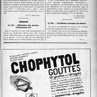 1598 - Page LXIII-1591 - Correspondance. Application des tarifs d’honoraires. Injections intraveineuses multiples concomitantes / Fiscalité. Déduction des primes d'assurance vie / Certificats exempts de timbre