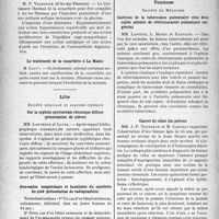 1633 - Page 1626 - Partie scientifique. L’actualité scientifique. Les sociétés savantes. Montpellier. Réunion hydrologique et climatologique, Séance du 13 mars 1937. La kinésithérapie spéciale de la coxarthrie / L’injection d’eau thermale axéenne dans le traitement de la coxarthrie / Le traitement de la coxarthrie à La Malou / Lille. Société médicale et anatomo-cinique. Sur la syphilis péritonéale chronique diffuse (présentation de pièces) / Anomalies congénitales et familiales du squelette du pied (présentation de radiographies) / Toulouse. Société de Médecine. Guérison de la tuberculose pulmonaire chez deux sujets atteints de rétrécissement pulmonaire congénital / Cancer du côlon ilio-pelvien