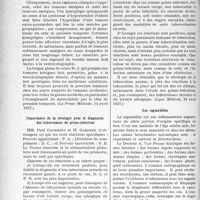 1689 - Page 1682 - Partie scientifique. L’actualité scientifique. La presse. L’hémiplégie dans les tumeurs cérébrales [(La Presse Médicale, 14 avril 1937)] / Importance de la sérologie pour le diagnostic des tuberculoses de primo-infection [(Lyon Médical, 18 avril 1937)] / Les sigmoïdites [(Bruxelles-Médical, 18 avril 1937)]