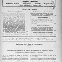 1722 - Page 1715 - Supplément documentaire, « L’Officiel Médical ». Médecine sociale – Législation – Décrets – Règlements – Pièces officielles – Tarifs, etc. / Sommaire / Service de Santé militaire. Admission des médecins de réserve en stage ou en situation d’activité circulaire du 11 mars 1937 relative à l’admission