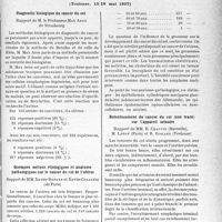 1770 - Page 1763 - Partie scientifique. L'actualité scientifique. Les congrès. VIe Congrès Français de gynécologie, (Toulouse, 15-18 mai 1937). Diagnostic biologique du cancer du col, Rapport de M. le Professeur Max Aron / Quelques notions étiologiques et anatomopathologiques sur le cancer du col de l’utérus, Rapport de MM. Xavier Bender et Xavier Colanéri / Retentissement du cancer du col (non traité) sur l’appareil urinaire, Rapport de MM. E. Chauvin M. Leroy et B. Giscard