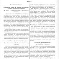 1960 - Page 1955 - Partie scientifique. L’actualité scientifique. Les Sociétés savantes. Paris. Académie de médecine. Traitement de la lèpre par injections intraveineuses d’huile de chaulmoogra neutralisée, 4-5-1937 / Les eaux minérales et le « bacterium coli commune », 20-4-1937 / Académie de chirurgie. Ostéolyse du bassin d’origine indéterminée, 3-3-1937 / Paraplégie par métastases vertébrales consécutives à un épithélioma du sein opéré cinq ans auparavant, 17-2-1937 / Le syndrome pâleur-hyperthermie, 24-2-1937