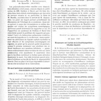 1961 - Page 1956 - Partie scientifique. L’actualité scientifique. Les Sociétés savantes. Paris. Société médicale des hôpitaux de Paris. Polyradiculonévrite curable avec dissociation albumino-cytologique chez un tuberculeux pulmonaire évolutif, 26-2-1937 / Un cas d’anévrisme volumineux de l’aorte descendante chez un ancien spécifique, 26-7-1937 / État cardiaque quasi-désespéré chez une basedowienne méconnue : thyroïdectomie ; guérison ; remarques, 26-2-1937 / Société de médecine de Paris, 12 mars 1937. Remarques sur l’action de la diméthylxanthine éthylène diamine / Atteinte veineuse aggravant les artérites séniles / Sulfate de quinidine et arythmie complète