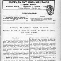 1996 - Page 1991 - Supplément documentaire, « L’Officiel Médical ». Médecine sociale – Législation – Décrets – Règlements – Pièces officielles – Tarifs, etc. / Sommaire / Hôpitaux et hospices civils de Paris. Répartition des chefs de service, des assistants, des internes et externes, pour l'année 1937-1938